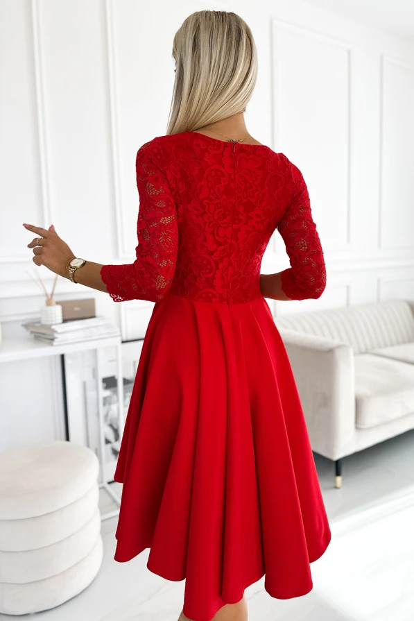 210-16 NICOLLE sukienka z koronkowym dekoltem i dłuższym tyłem - czerwona