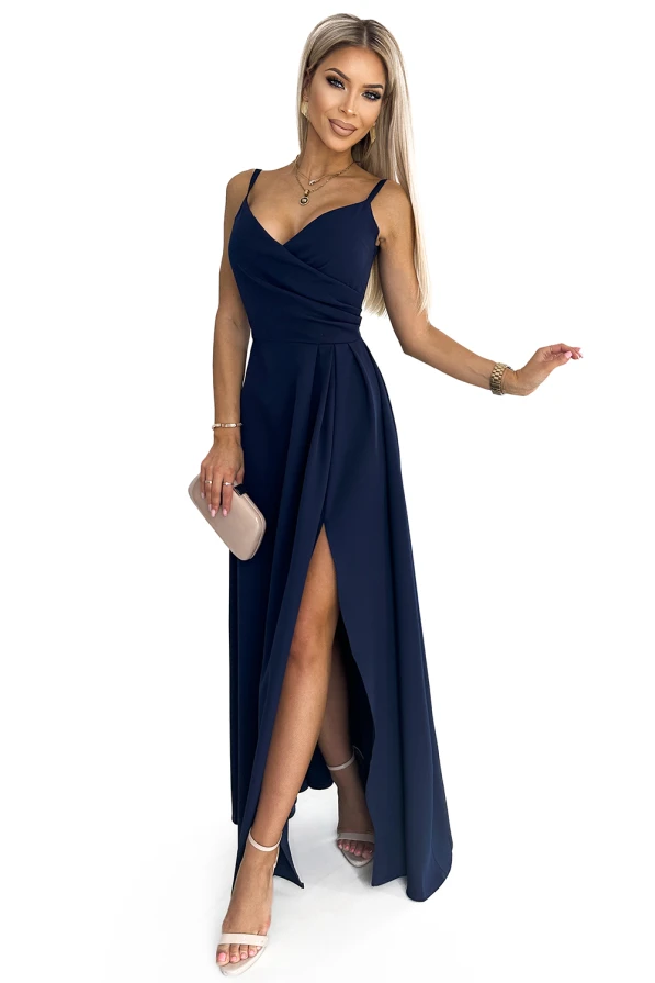299-7 CHIARA elegancka maxi długa suknia na ramiączkach - GRANATOWA