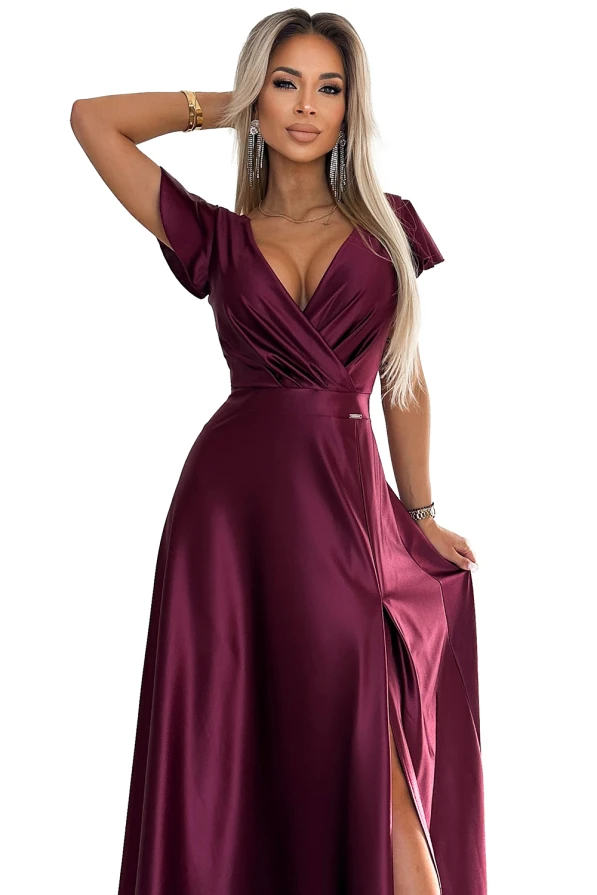 CRYSTAL satynowa długa suknia z dekoltem - BORDOWA