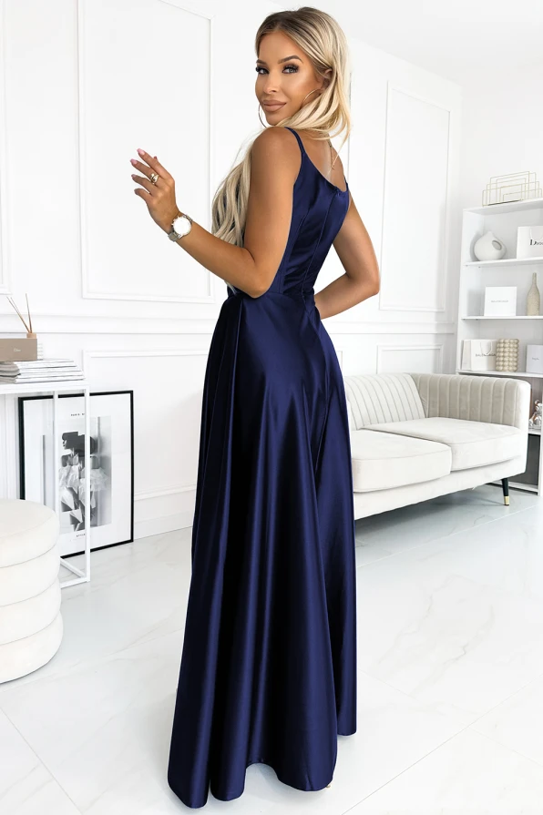 299-12 CHIARA elegancka maxi długa satynowa suknia na ramiączkach - GRANATOWA
