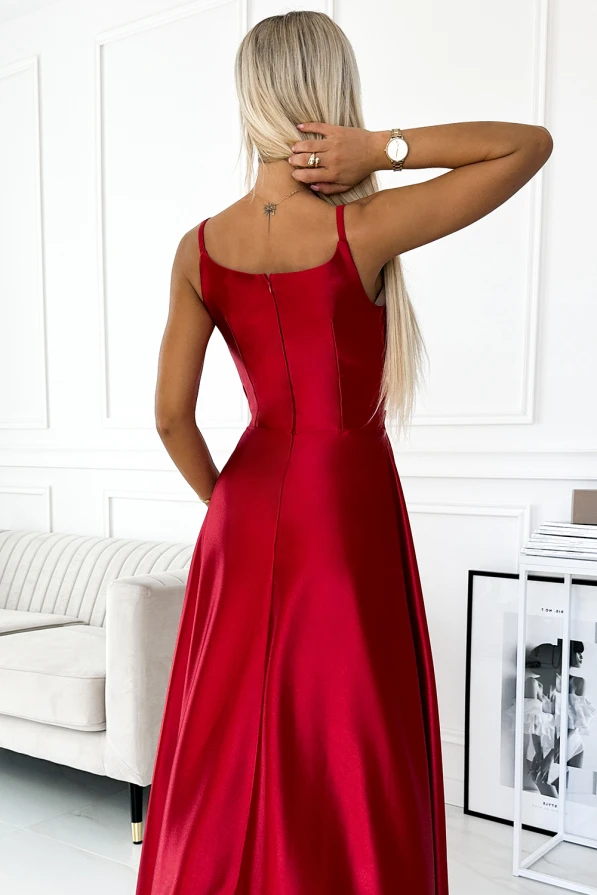 299-14 CHIARA elegancka maxi długa satynowa suknia na ramiączkach - CZERWONA