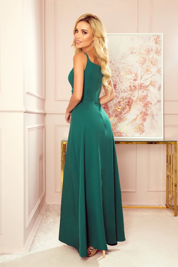 299-4 CHIARA elegancka maxi długa suknia na ramiączkach - ZIELEŃ BUTELKOWA