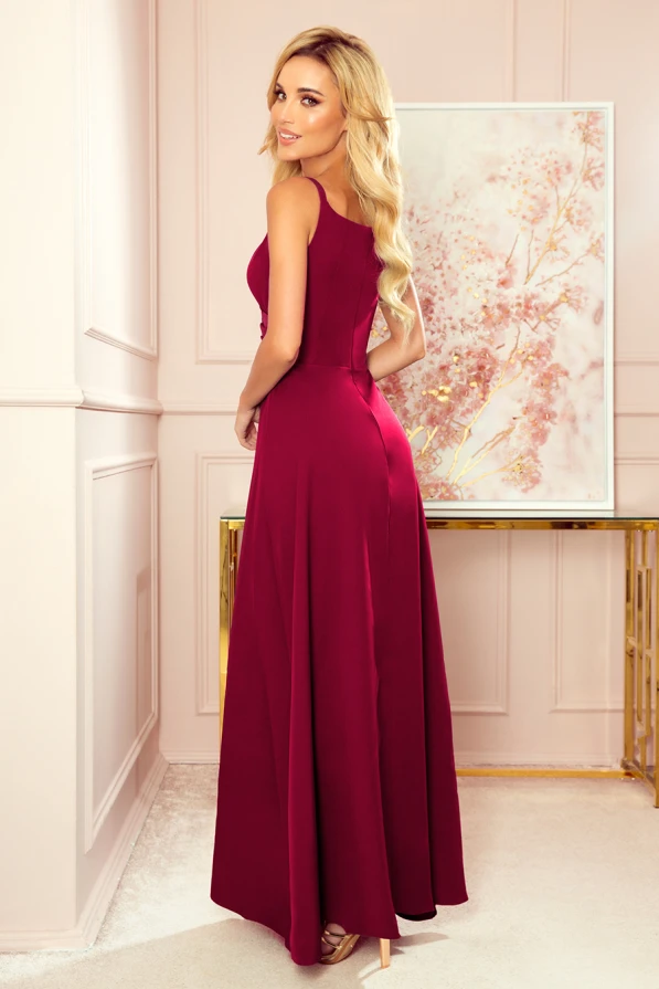 299-5 CHIARA elegancka maxi długa suknia na ramiączkach - BORDOWA