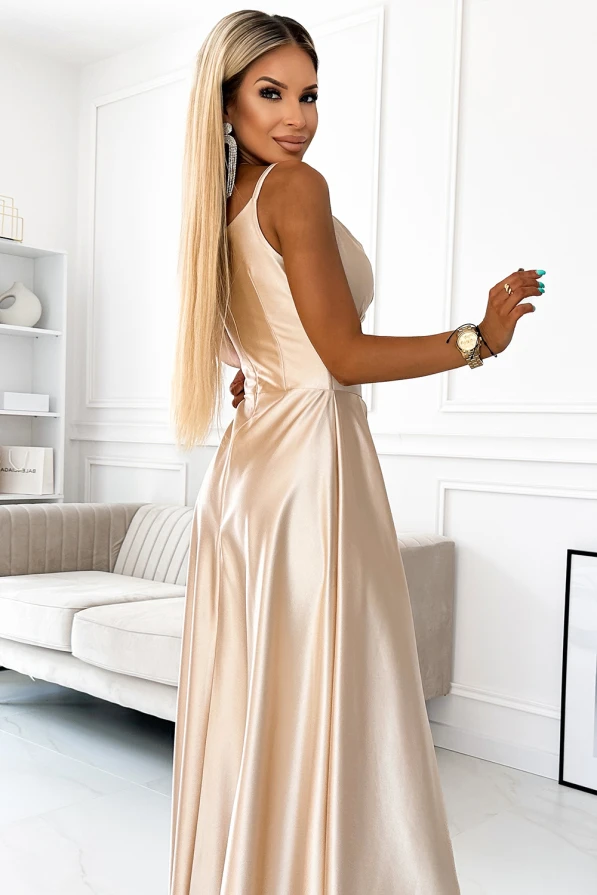 299-8 CHIARA elegancka maxi długa satynowa suknia na ramiączkach - ZŁOTA