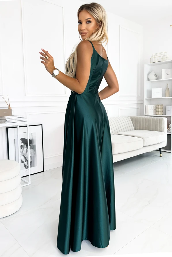 299-9 CHIARA elegancka maxi długa satynowa suknia na ramiączkach - ZIELEŃ BUTELKOWA