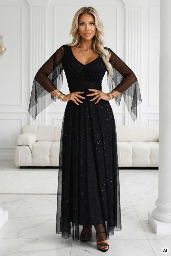 Elegancka czarna sukienka maxi z błyszczącymi detalami i tiulowymi rękawami na bal, stylizowana w luksusowym wnętrzu glamour.