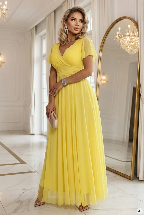 Cytrynowa sukienka maxi Numoco Basic Limoncello z kopertowym dekoltem V i podkreśloną talią, elegancka stylizacja na wesele