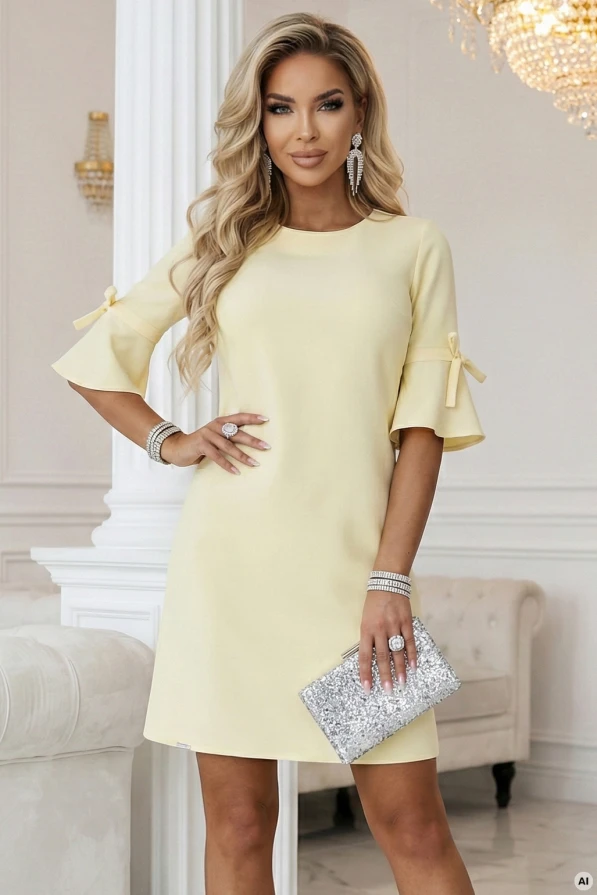 Modelka prezentuje elegancką sukienkę mini w kolorze masełkowego pastelowego żółtego z rozkloszowanymi rękawami 3/4 i kokardkami. Damska sukienka wizytowa, produkcja polska.