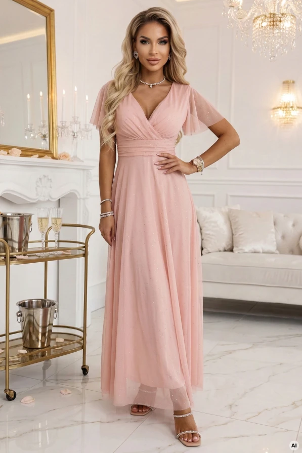 Modelka w brzoskwiniowej tiulowej sukience maxi z delikatnym brokatem, kopertowym dekoltem V i lekkimi rękawkami - elegancka sukienka na wesele i przyjęcia.