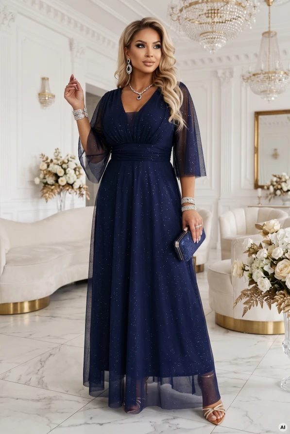 Modelka plus size prezentuje granatową brokatową sukienkę maxi z kopertowym dekoltem, zaznaczoną talią i transparentnymi rozkloszowanymi rękawami.