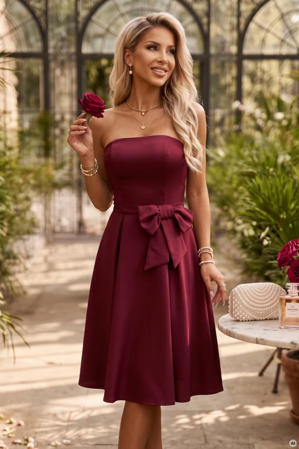 Modelka w eleganckiej bordowej sukience midi bez ramiączek, z rozkloszowanym dołem i dużą kokardą w talii - Numoco