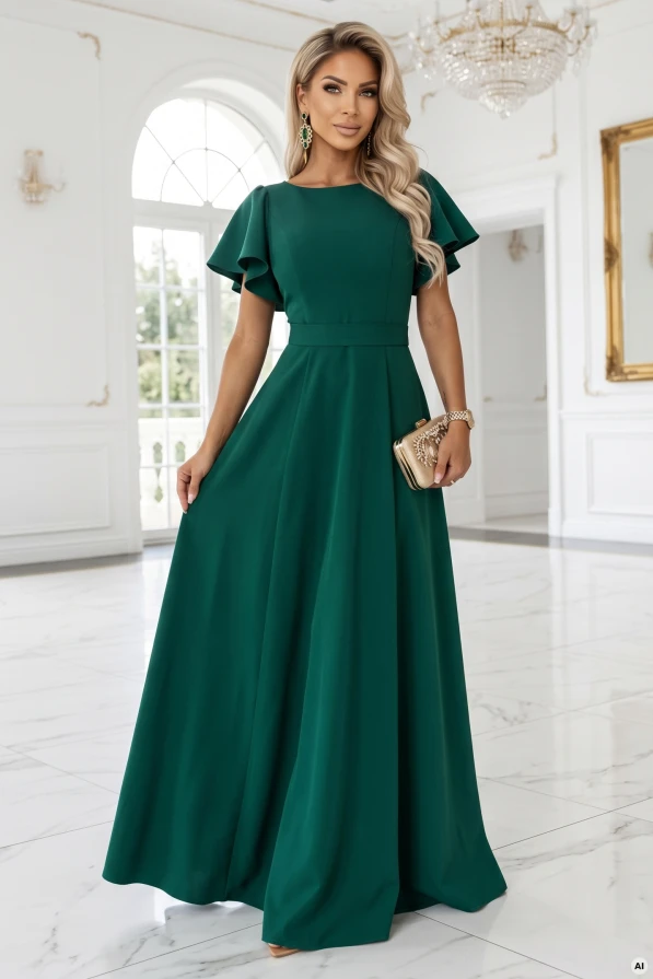 Modelka w sukience maxi Mirella marki Numoco w kolorze butelkowej zieleni, z rozkloszowanym dołem, krótkimi falującymi rękawami i podkreśloną talią.