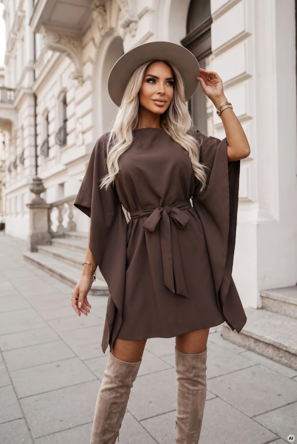 Modelka w sukience SOFIA marki Numoco w odcieniu brązu mokka. Sukienka sięga przed kolana, ma dekolt w łódkę, szerokie motylkowe rękawy i pasek zawiązany w talii na kokardę.