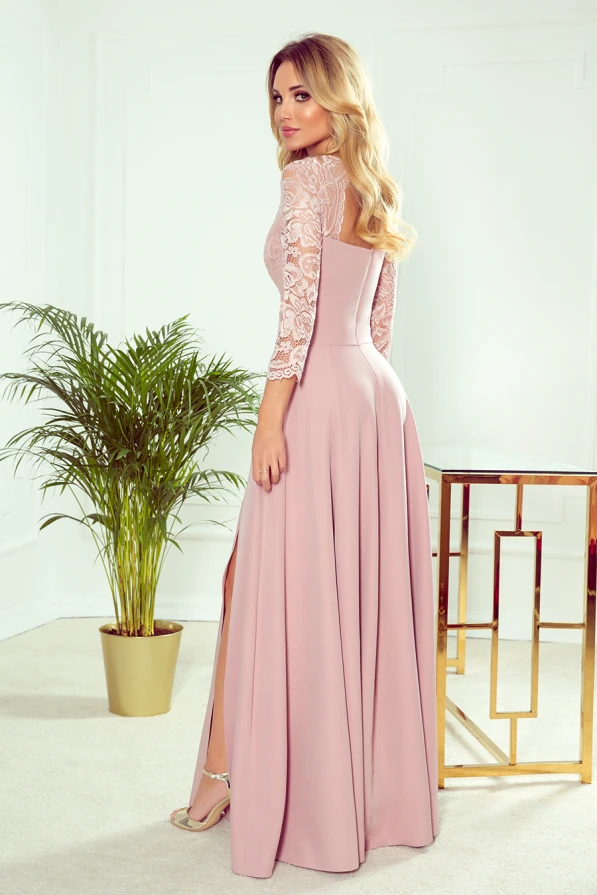309-4 AMBER elegancka koronkowa długa suknia z dekoltem - PUDROWY RÓŻ