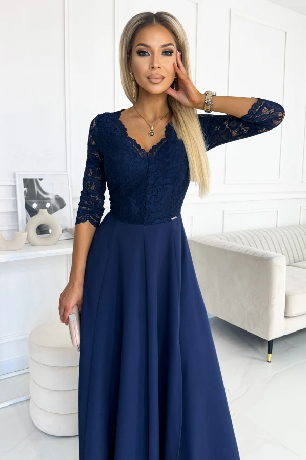 309-6 AMBER elegancka koronkowa długa suknia z dekoltem - GRANATOWA