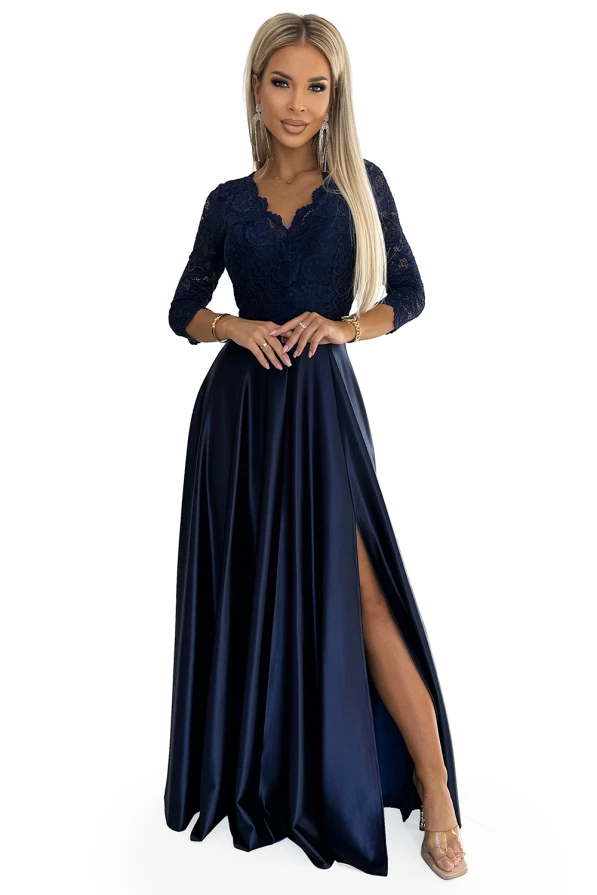 309-7 AMBER koronkowa długa SATYNOWA suknia z dekoltem - GRANATOWA