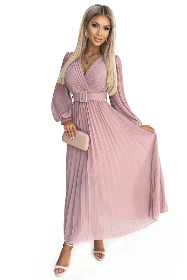 414-2 KLARA plisowana sukienka z paskiem i dekoltem - PUDROWY RÓŻ