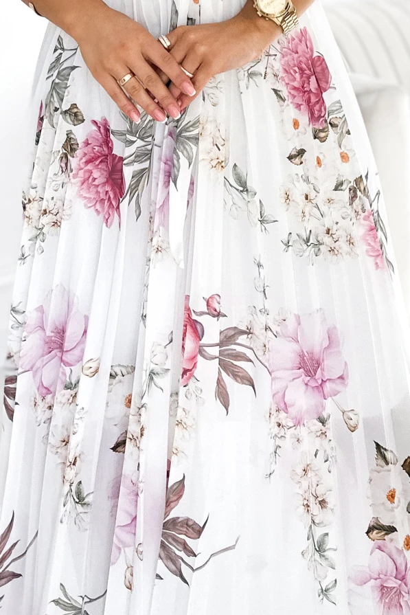 434-6 LISA Plisowana sukienka  midi z dekoltem i falbankami - wiosenne kwiaty na białym tle