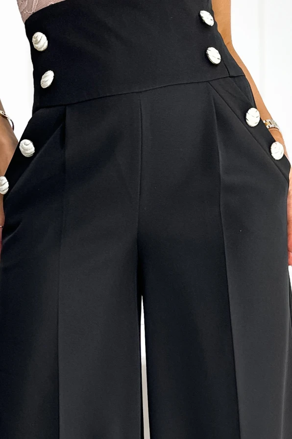496-1 Eleganckie szerokie spodnie z wysokim stanem i złotymi guzikami - CZARNE