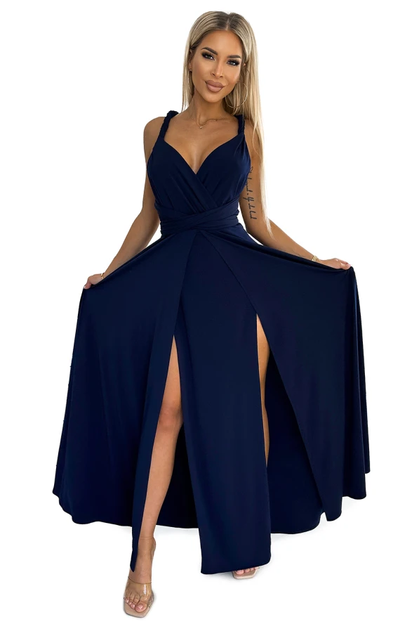 509-1 Elegancka długa suknia wiązana na wiele sposobów - GRANATOWA