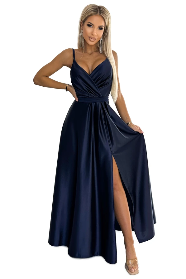 512-2 JULIET elegancka długa satynowa suknia z dekoltem - GRANATOWA