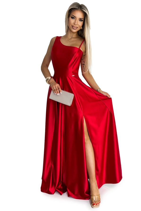 524-1 Długa elegancka satynowa suknia na jedno ramię  - CZERWONA