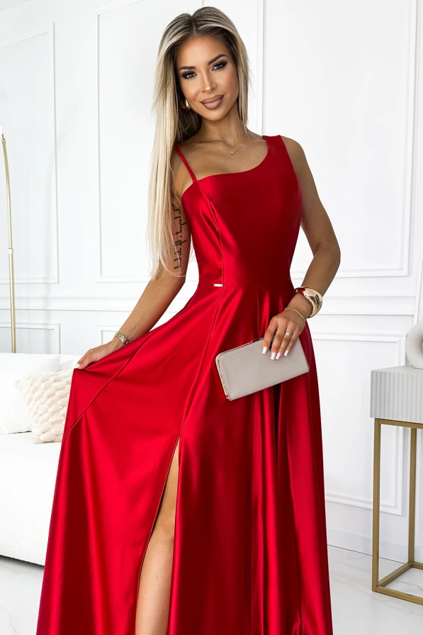 524-1 Długa elegancka satynowa suknia na jedno ramię  - CZERWONA