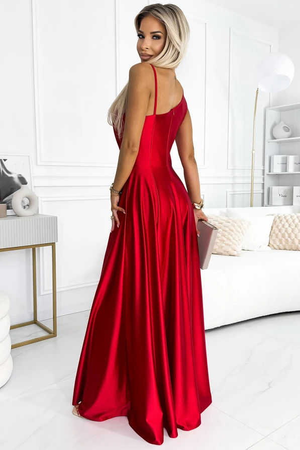 Długa elegancka satynowa suknia na jedno ramię - CZERWONA