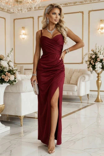 Modelka w bordowej sukience maxi Numoco Basic na ramiączkach, dekolt serce, drapowanie w talii i rozcięcie na nodze.}