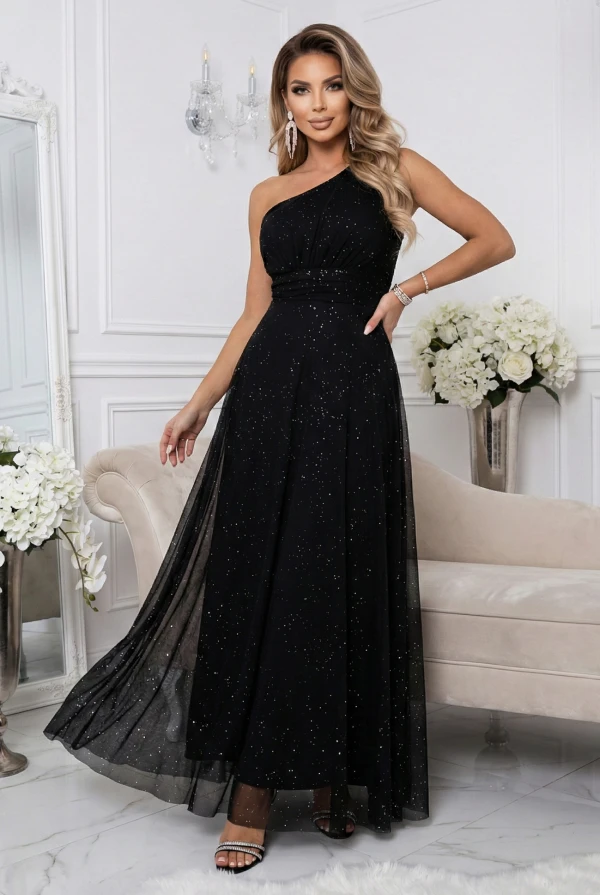 Czarna sukienka maxi na jedno ramię Numoco Basic z subtelnym brokatem, drapowanie na biuście, lekko transparentny dół